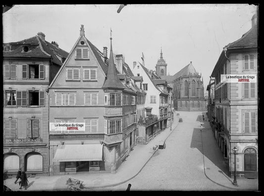 Plaque verre photo ancienne négatif noir et blanc 13x18 cm Colmar rue