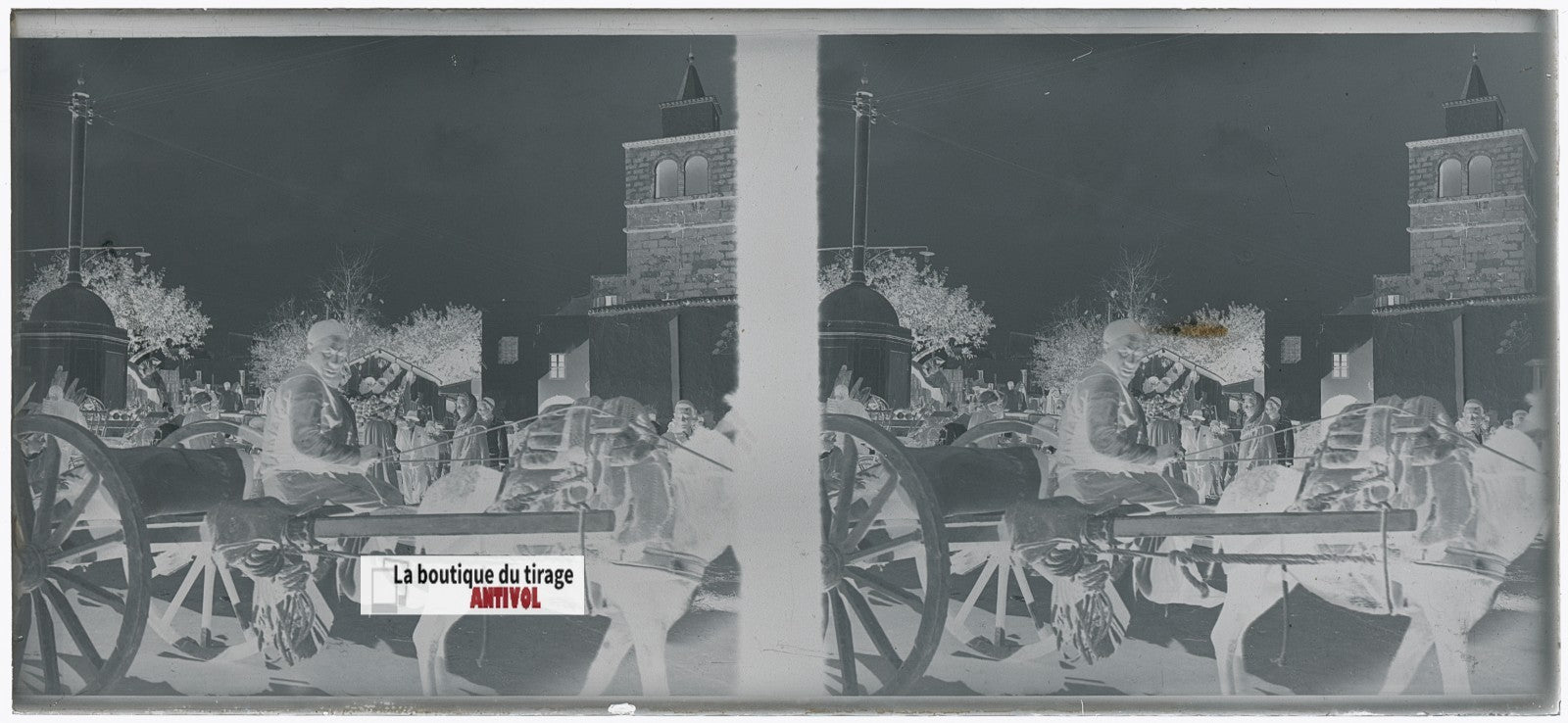 Algérie, marché, plaque verre, photo stéréo, négatif noir & blanc 6x13 cm