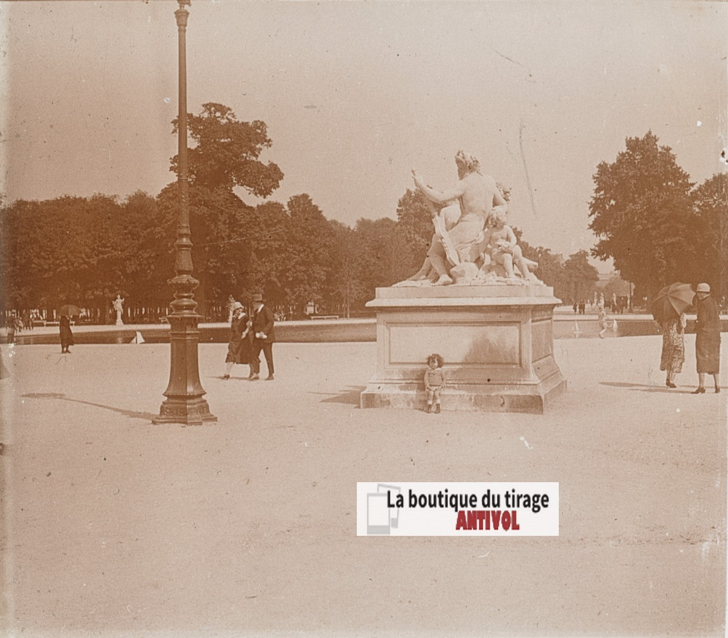 Jardin des Tuileries Paris, plaque verre, photo ancienne stéréo, N&B 6x13 cm