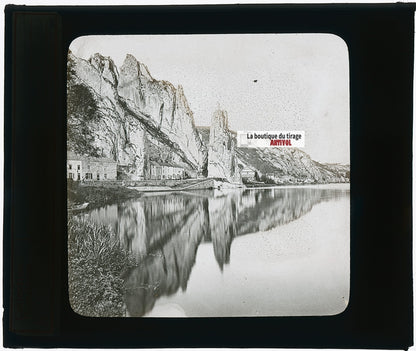 Les Rochers de Dinant, photo ancienne plaque verre, noir & blanc, 8,5x10 cm