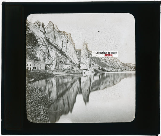 Les Rochers de Dinant, photo ancienne plaque verre, noir & blanc, 8,5x10 cm