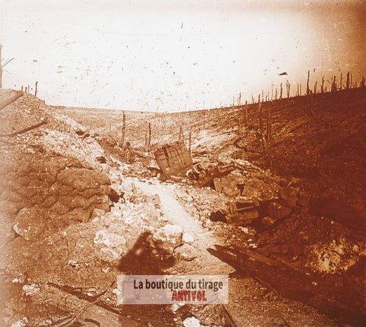 Verdun, Ravin de Bezonvaux, WW1, plaque verre photo ancienne stéréo 6x13 cm