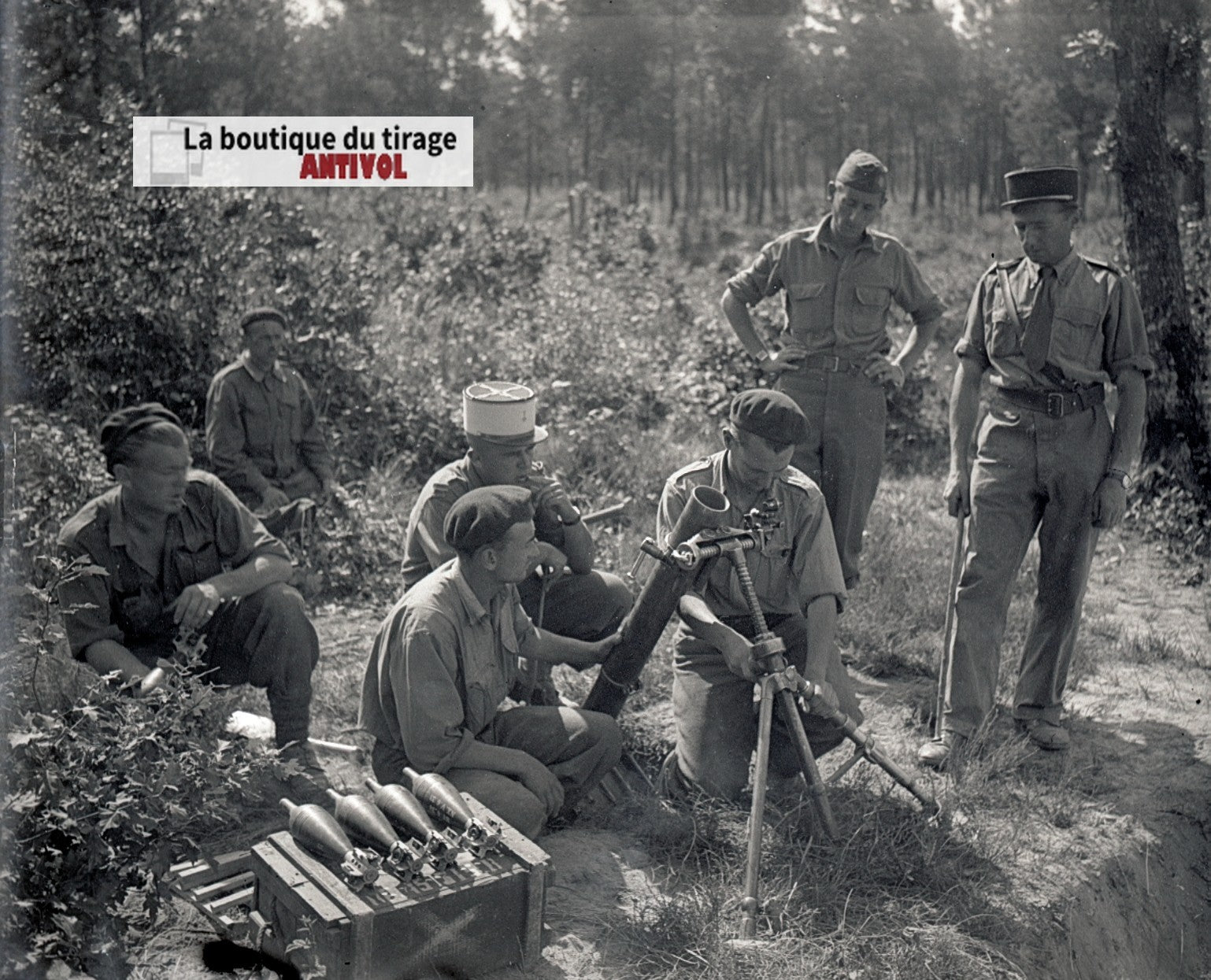 Camp du Ruchard, tir mortier, plaque verre, photo ancienne, négatif N&B 6x13 cm