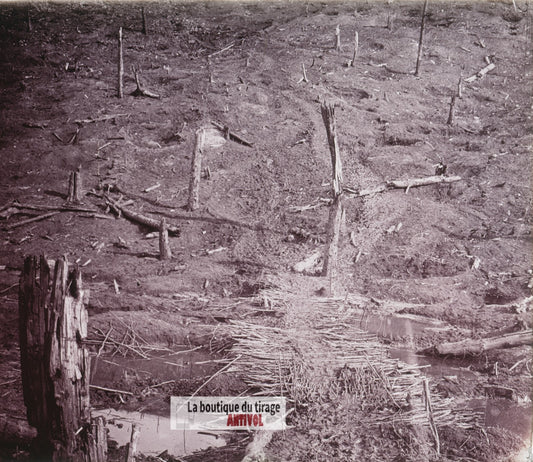 Les Éparges, la passerelle, guerre WW1, plaque verre stéréo, photo 4,5x10,7 cm