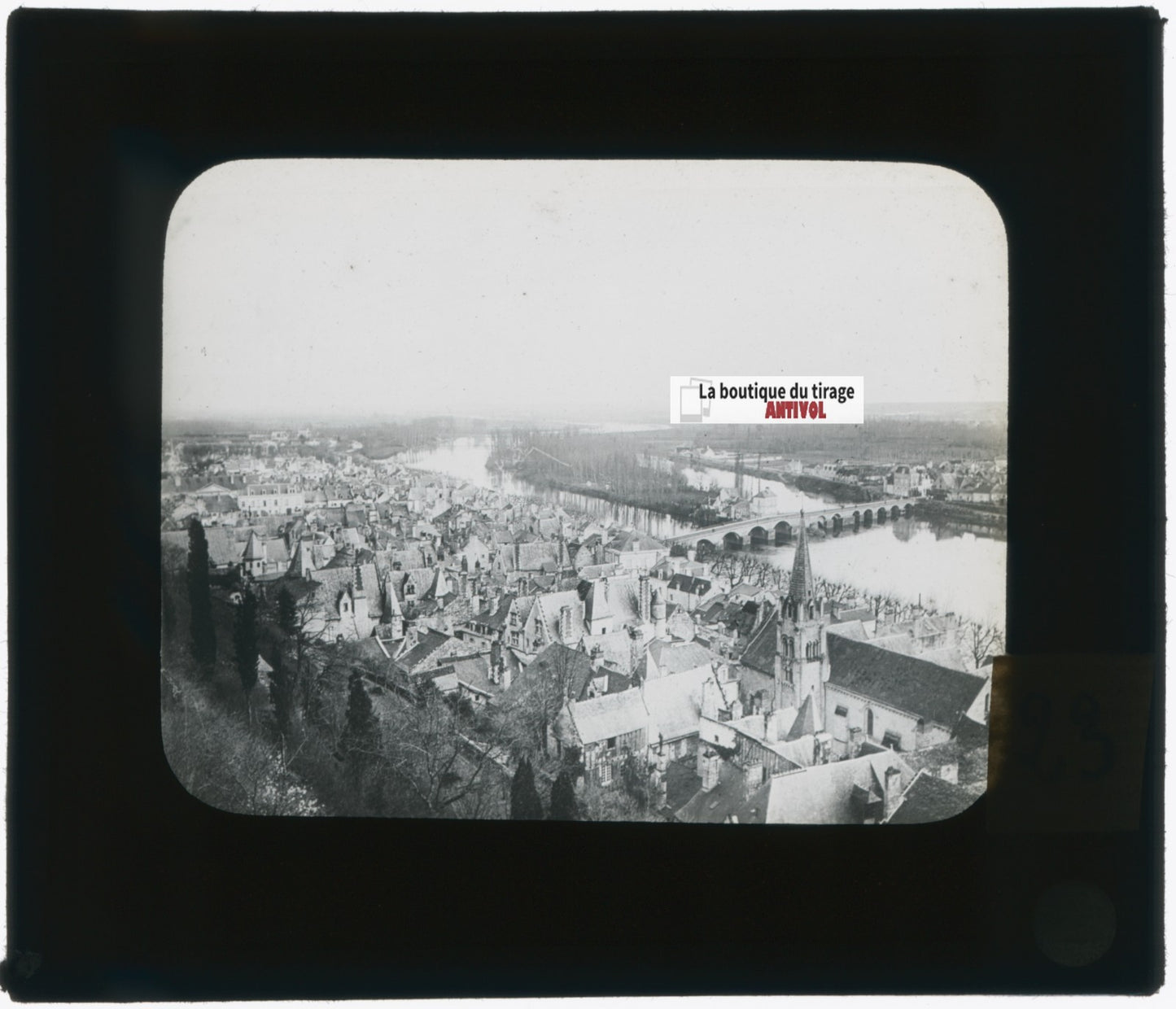 Chinon, pont sur la Vienne, photo plaque verre, noir & blanc, positif 8,5x10 cm