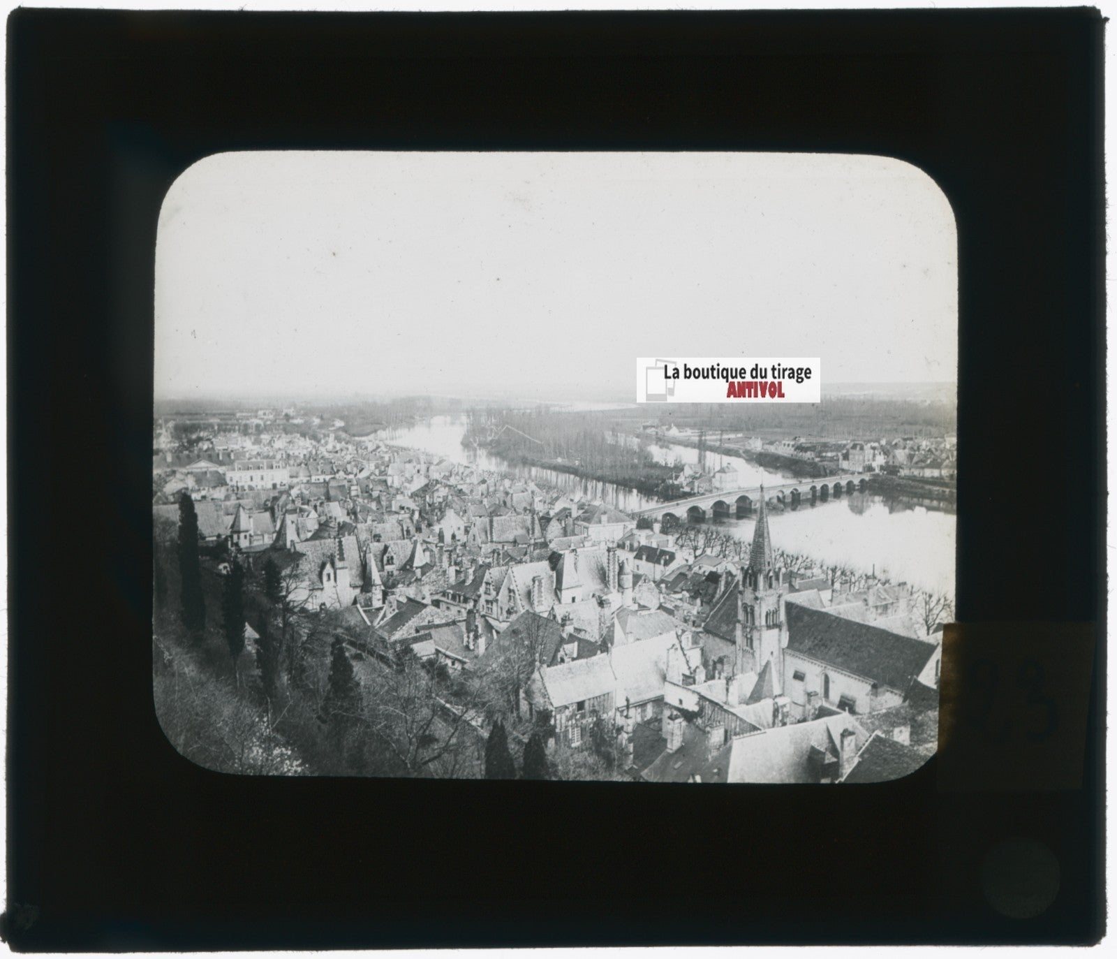 Chinon, pont sur la Vienne, photo plaque verre, noir & blanc, positif 8,5x10 cm