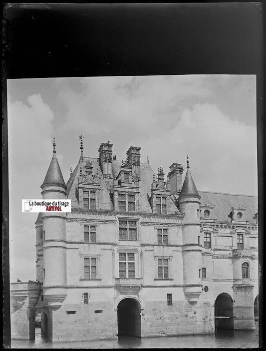 Château de Chenonceau, Plaque verre photo ancienne, négatif noir & blanc 9x12 cm