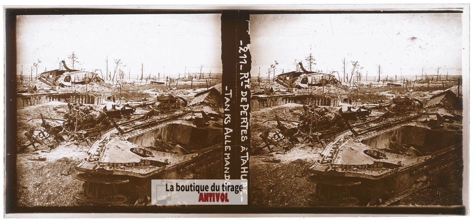 Route de Perthes à Tahure, tanks WW1, plaque verre photo ancienne stéréo 6x13 cm