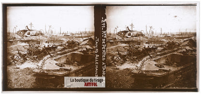 Route de Perthes à Tahure, tanks WW1, plaque verre photo ancienne stéréo 6x13 cm