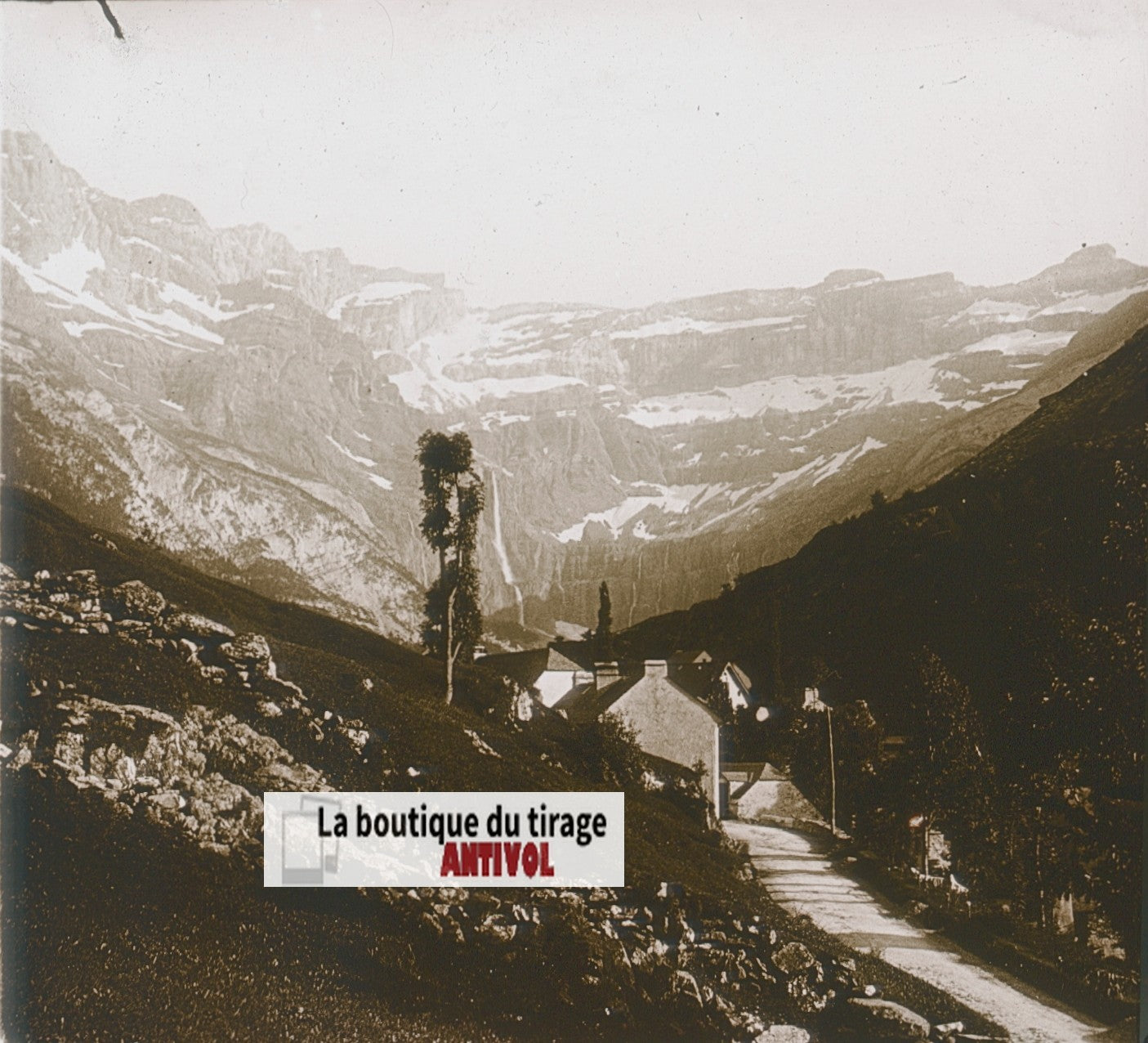 Cirque de Gavarnie, Pyrénées, plaque verre photo stéréo, sépia 6x13 cm
