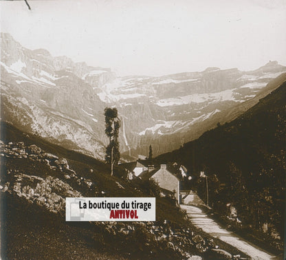 Cirque de Gavarnie, Pyrénées, plaque verre photo stéréo, sépia 6x13 cm