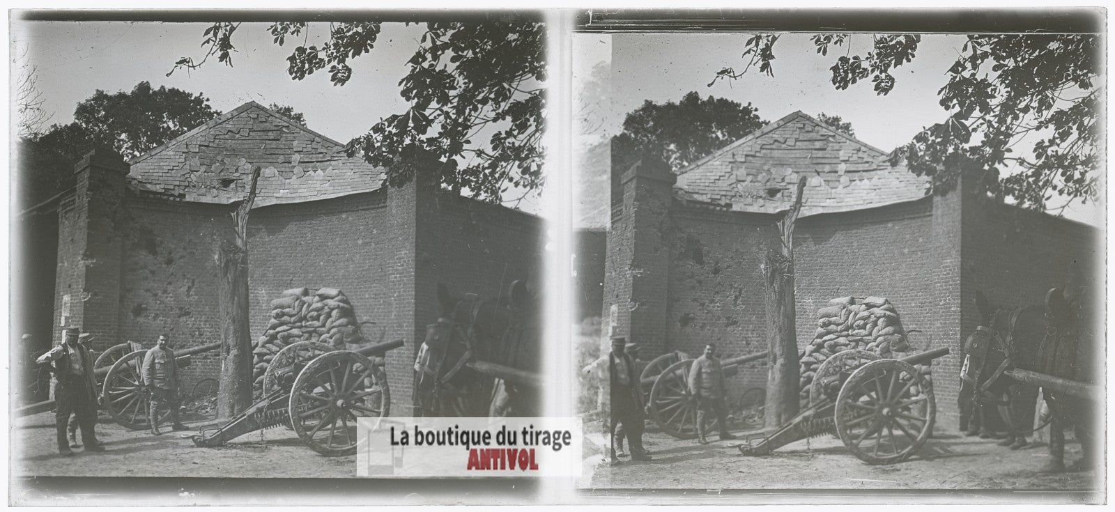 Artillerie française, canons WW1, plaque verre photo ancienne stéréo 6x13 cm