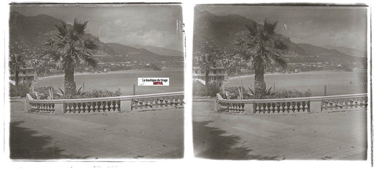 Côte d'Azur, Plaque verre photo ancienne stéréo, positif noir & blanc 6x13 cm