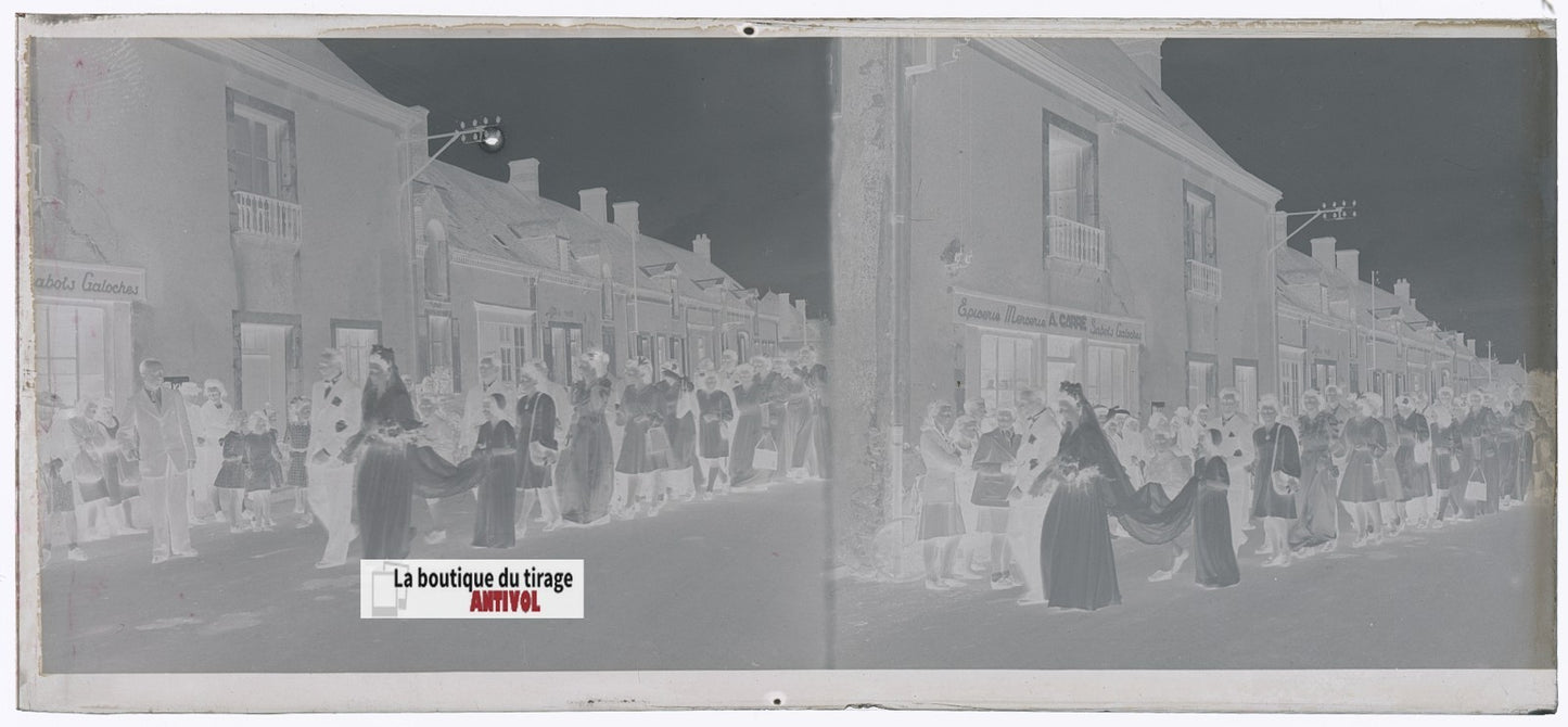 Mariage, village France, plaque verre, photo ancienne, négatif N&B 6x13 cm