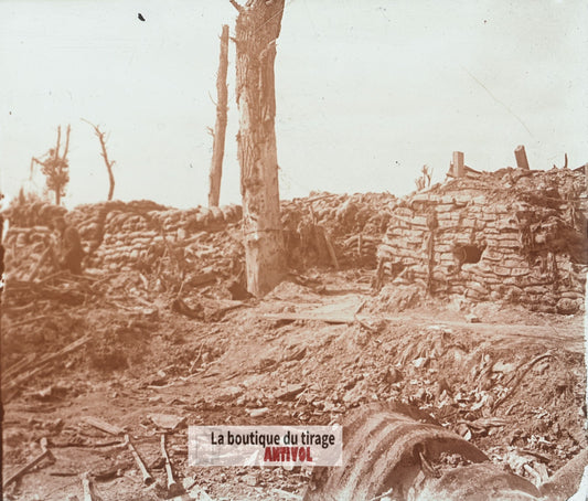 Dixmude Belgique, boyau, guerre WW1, plaque verre stéréo, photo 4,5x10,7 cm