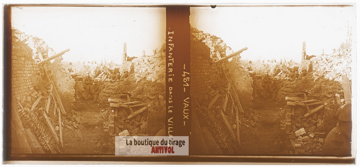 Vaux, infanterie, guerre WW1, plaque verre photo ancienne stéréo 6x13 cm