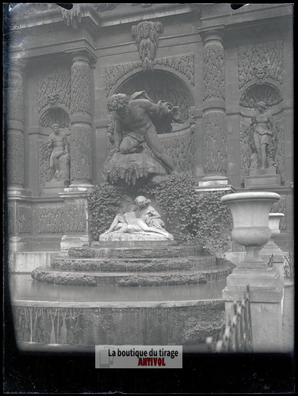 Fontaine Médicis, Paris, plaque verre, photo ancienne, négatif 9x12 cm