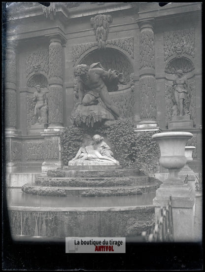 Fontaine Médicis, Paris, plaque verre, photo ancienne, négatif 9x12 cm