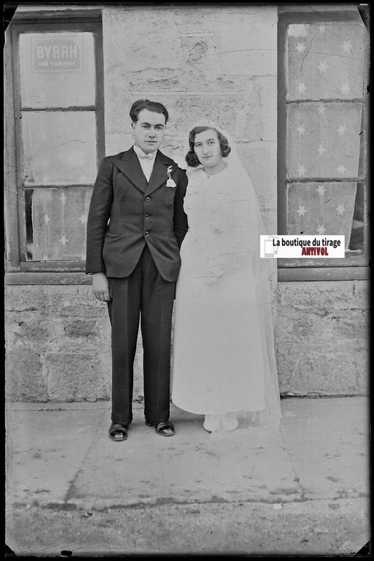 Couple, mariage, Plaque verre photo ancienne, négatif noir & blanc 10x15 cm