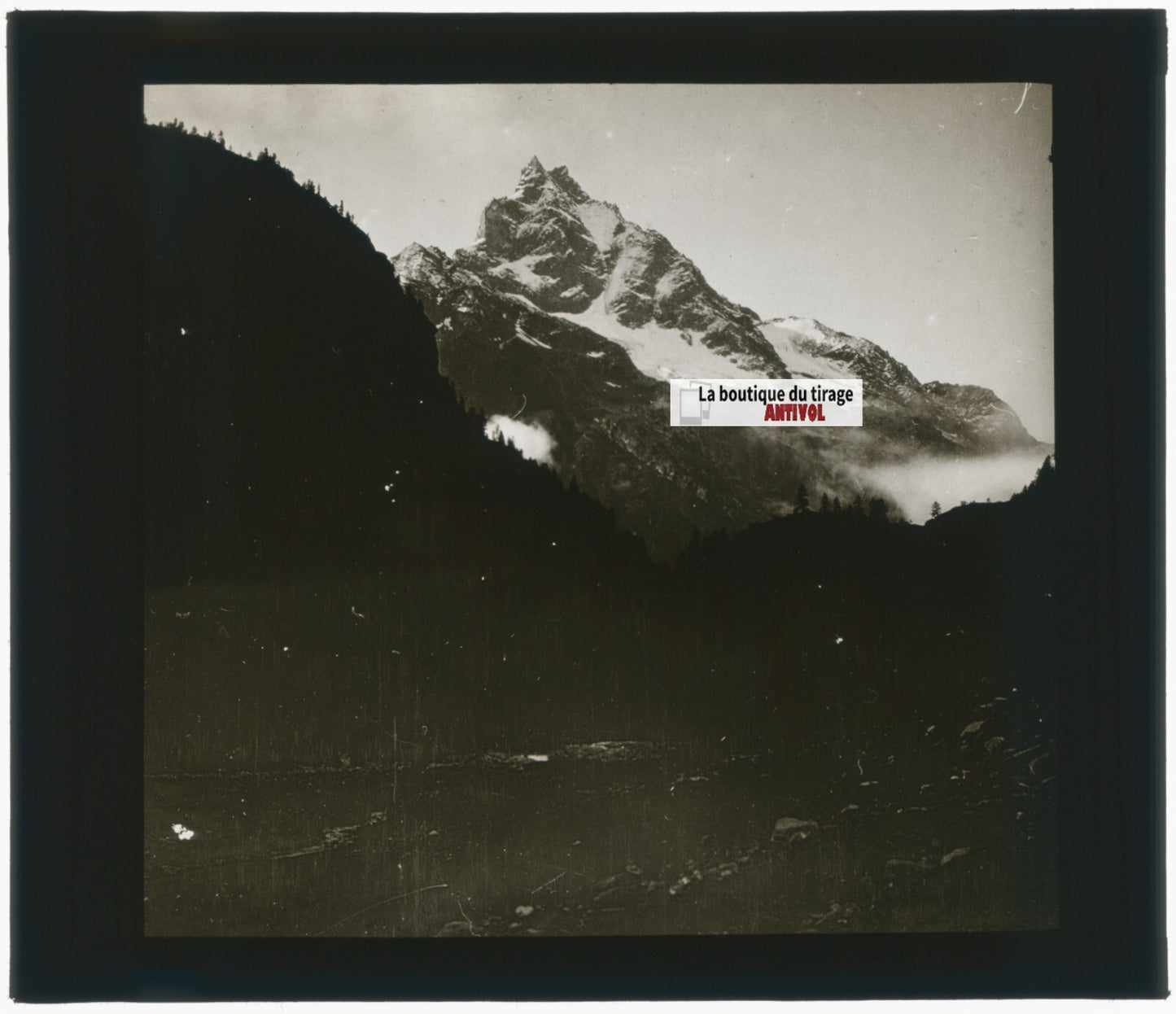 Paysage, montagne, neige, photo plaque verre, noir & blanc, positif 8,5x10 cm