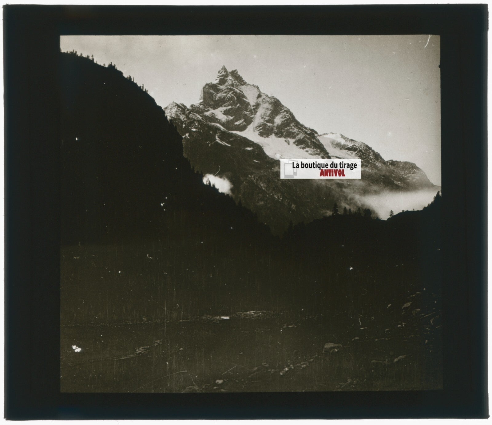 Paysage, montagne, neige, photo plaque verre, noir & blanc, positif 8,5x10 cm