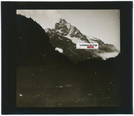 Paysage, montagne, neige, photo plaque verre, noir & blanc, positif 8,5x10 cm