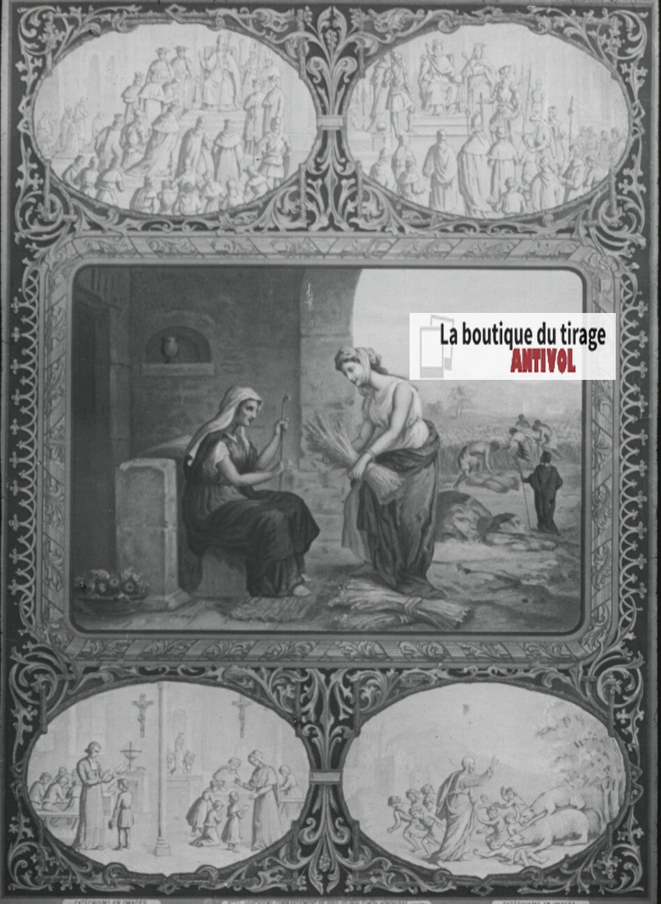 Scène religieuse, catéchisme, dessin peinture, plaque verre, positif 8,5x10 cm