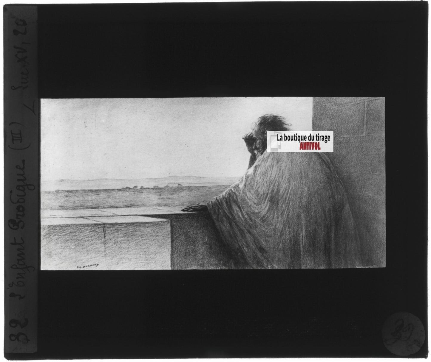 Luc, scène religieuse, dessin peinture plaque de verre, positif 8,5x10 cm