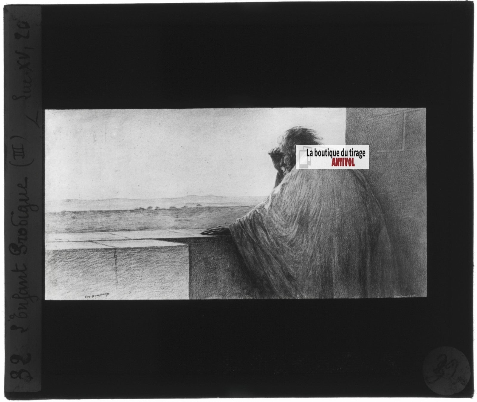 Luc, scène religieuse, dessin peinture plaque de verre, positif 8,5x10 cm