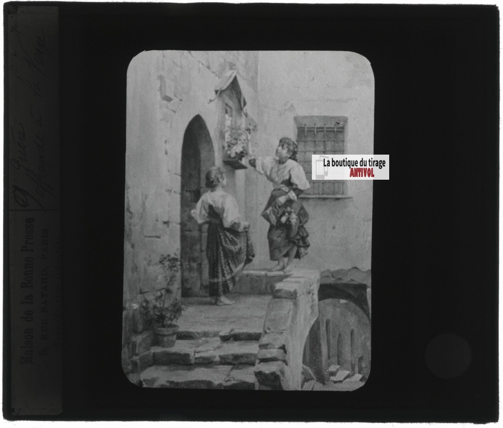 Scène religieuse, dessin, peinture, ancienne plaque de verre, positif 8,5x10 cm