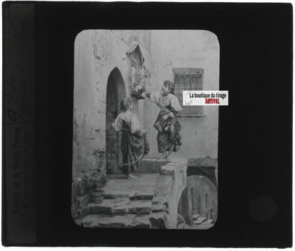 Scène religieuse, dessin, peinture, ancienne plaque de verre, positif 8,5x10 cm