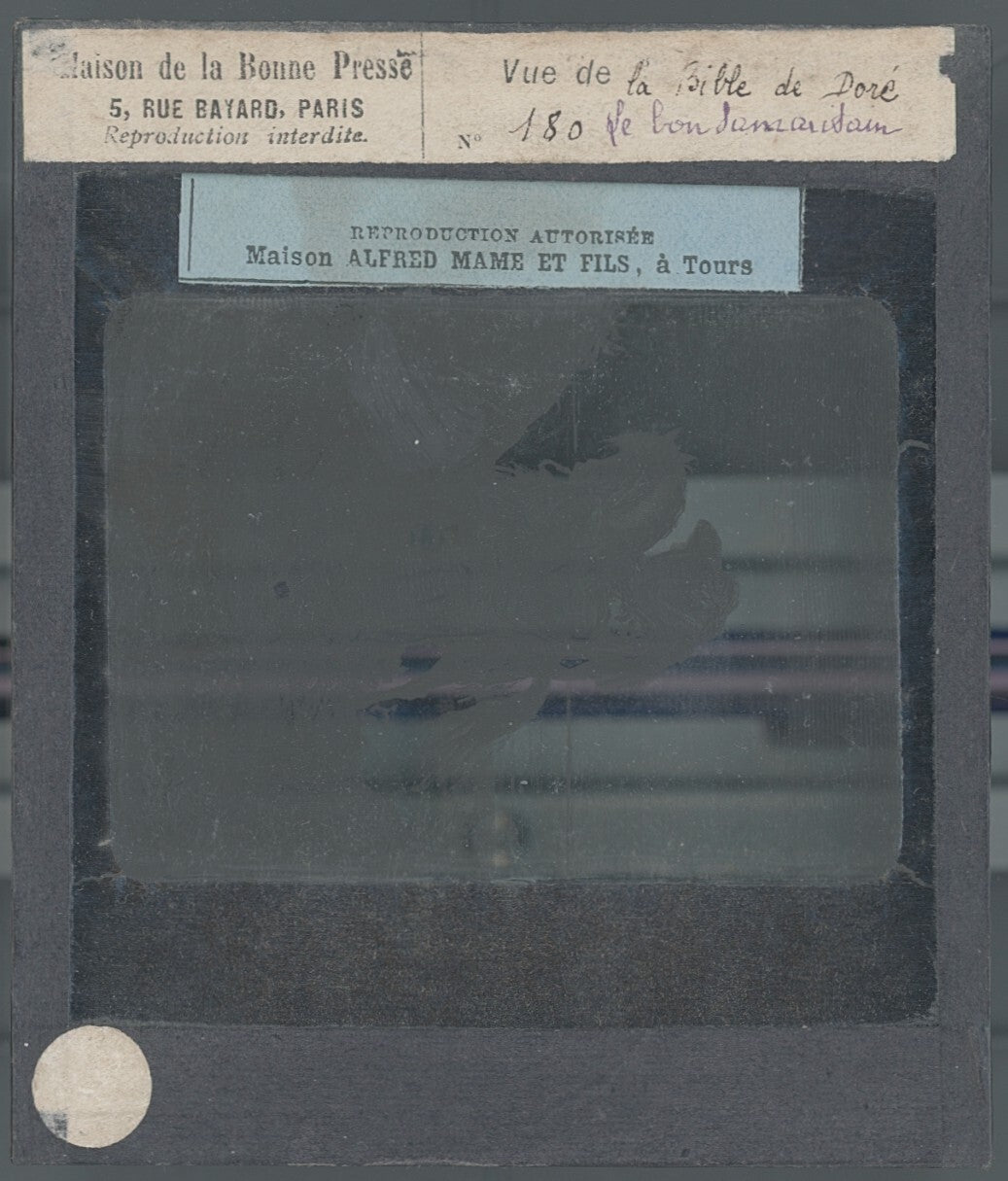 Le Bon Samaritain, Bible de Doré, dessin, plaque verre, positif 8,5x10 cm