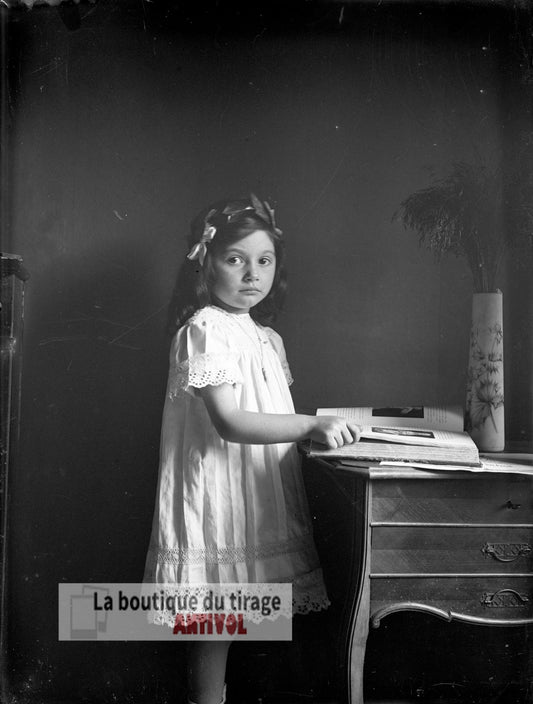 Portrait jeune fille, enfant, plaque verre, photo ancienne, négatif 9x12 cm