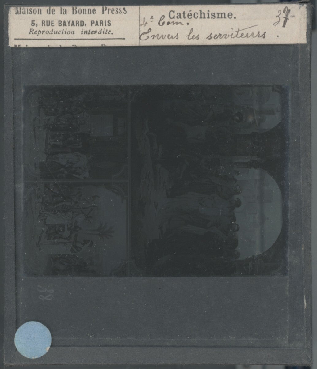 Scène religieuse, catéchisme, dessin peinture, plaque verre, positif 8,5x10 cm