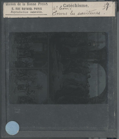 Scène religieuse, catéchisme, dessin peinture, plaque verre, positif 8,5x10 cm