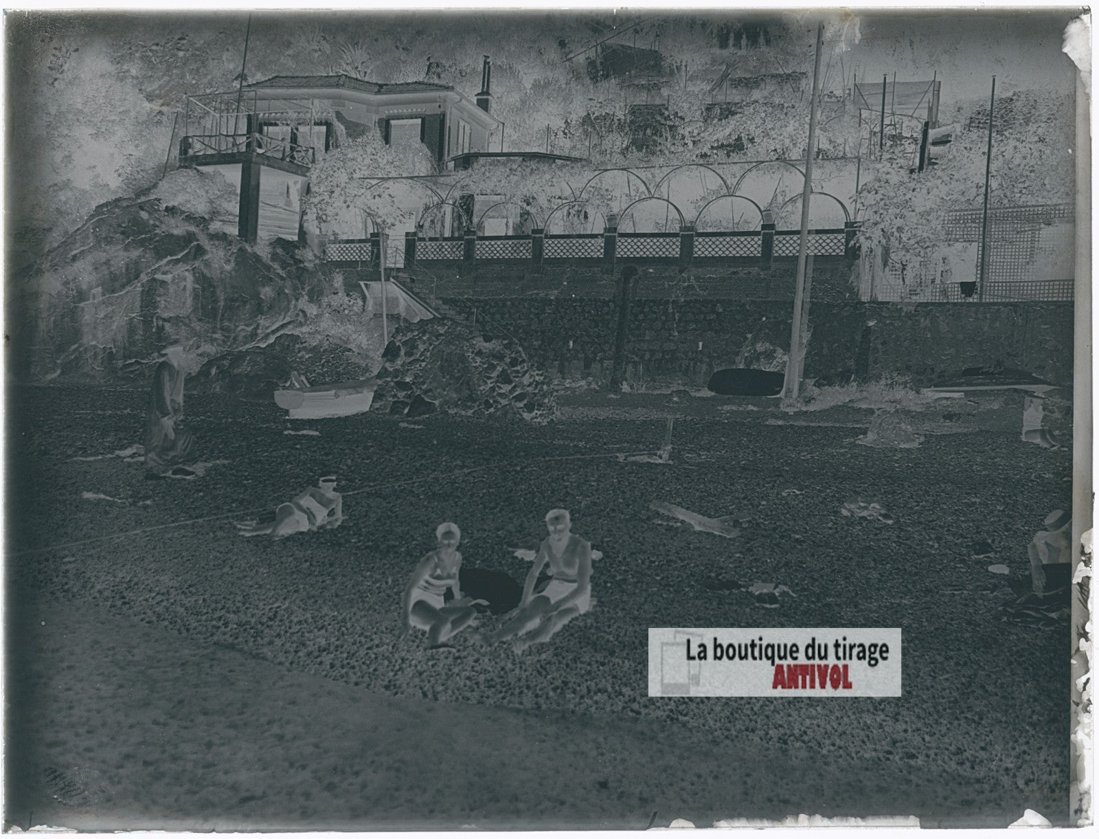 Baigneurs, plage Côte d’Azur, plaque verre photo ancienne, négatif 9x12 cm