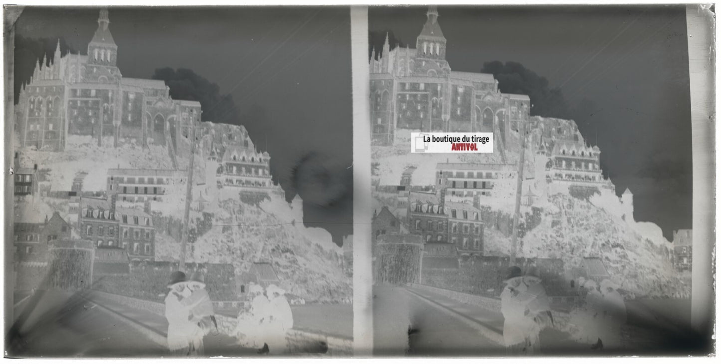 Le Mont-Saint-Michel, Normandie, plaque stéréo ancienne verre, négatif 9x18 cm