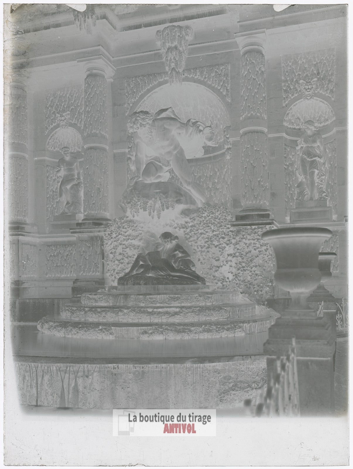 Fontaine Médicis, Paris, plaque verre, photo ancienne, négatif 9x12 cm
