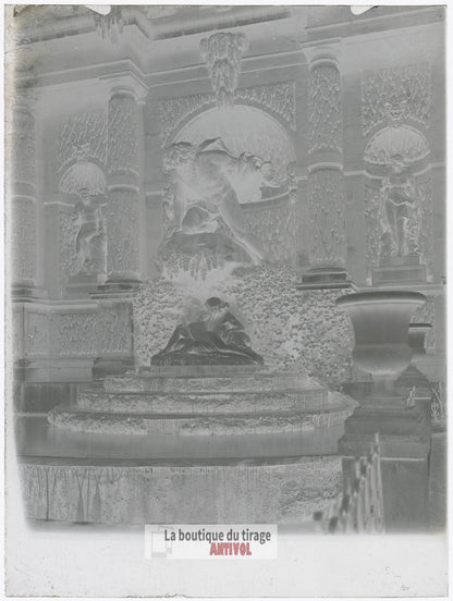 Fontaine Médicis, Paris, plaque verre, photo ancienne, négatif 9x12 cm