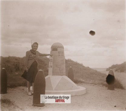 Voie de la Liberté, Utah Beach, plaque verre photo ancienne stéréo 6x13 cm