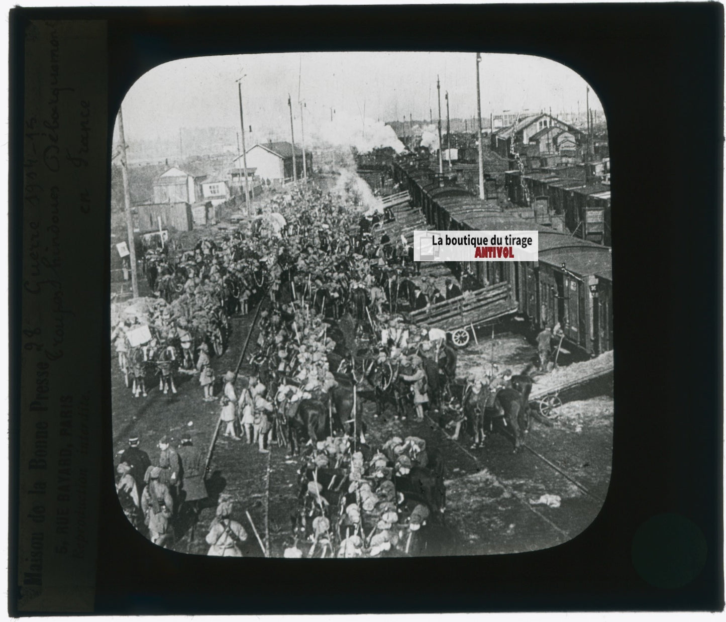 Débarquement Indoues guerre, photo plaque verre, noir & blanc, positif 8,5x10 cm