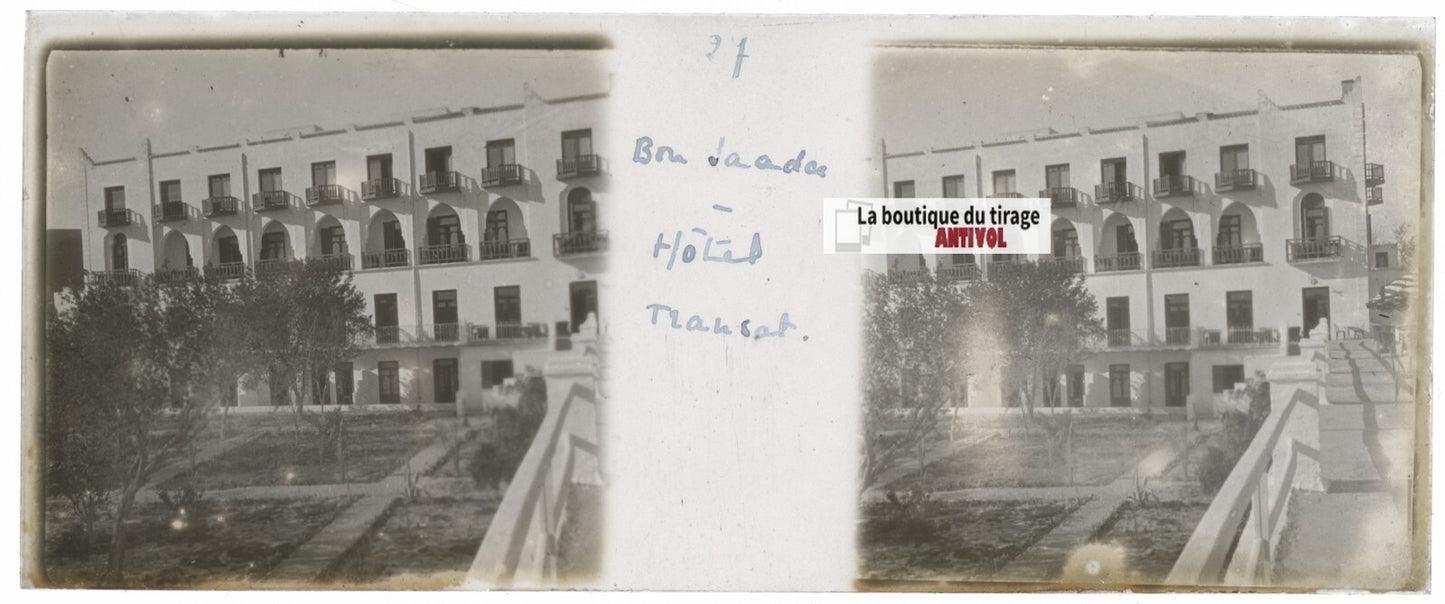 Hôtel Transat, Bou Saâda, Plaque verre stéréo, positif noir & blanc 4,5x10,7 cm