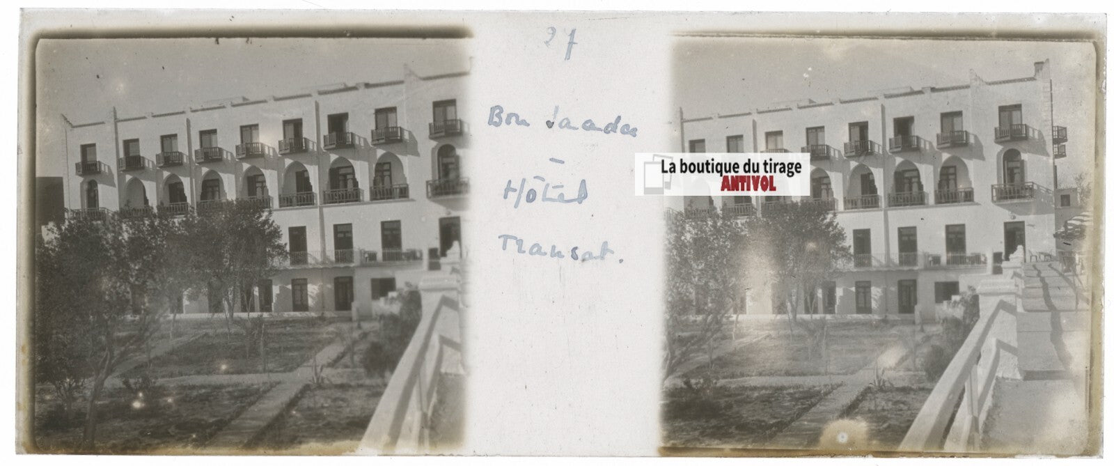 Hôtel Transat, Bou Saâda, Plaque verre stéréo, positif noir & blanc 4,5x10,7 cm