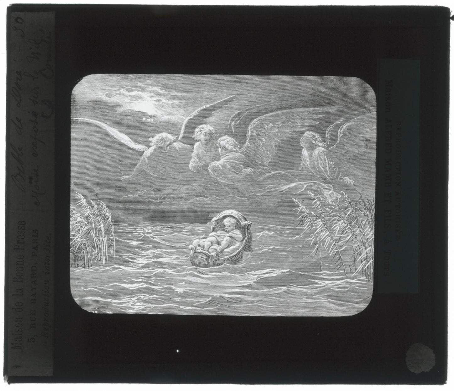 Moïse sur le Nil, Bible de Doré, dessin, plaque de verre, positif 8,5x10 cm