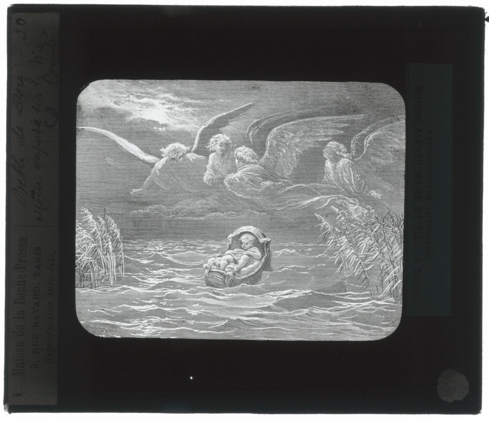 Moïse sur le Nil, Bible de Doré, dessin, plaque de verre, positif 8,5x10 cm