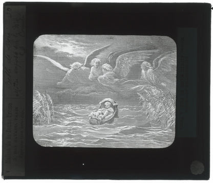 Moïse sur le Nil, Bible de Doré, dessin, plaque de verre, positif 8,5x10 cm