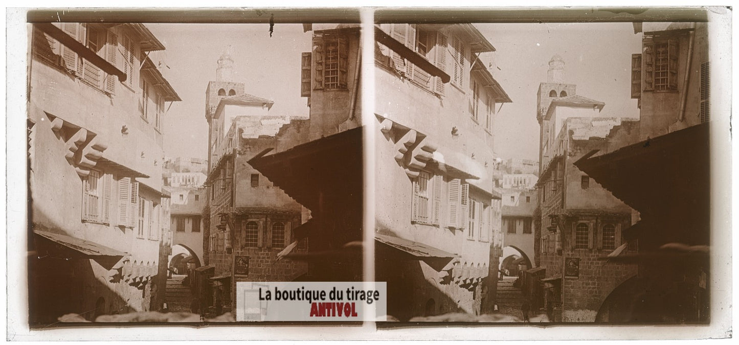 Rue ancienne à Tripoli, Liban, plaque de verre, photo ancienne stéréo 6x13 cm