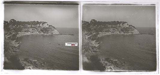 Plage, mer, Plaque verre photo ancienne stéréo, positif noir & blanc 6x13 cm