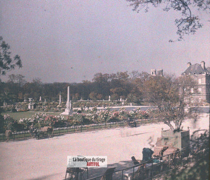 Paris, jardin Luxembourg, plaque verre, photo ancienne stéréo 6x13 cm Autochrome
