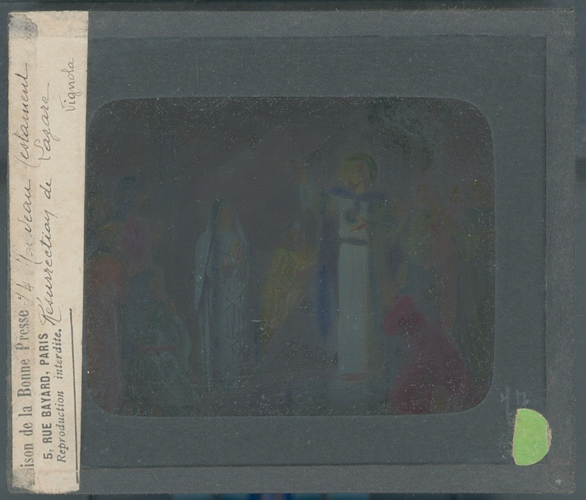Résurrection de Lazare, illustration, plaque verre ancienne, couleur 8,5x10 cm